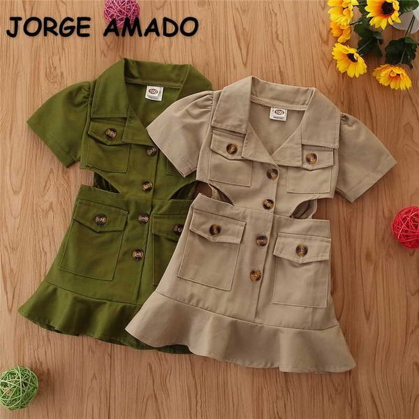 

summer girl dress open waist solid color short sleeves casual style single breasted cool kids e3034 210610, Red;yellow
