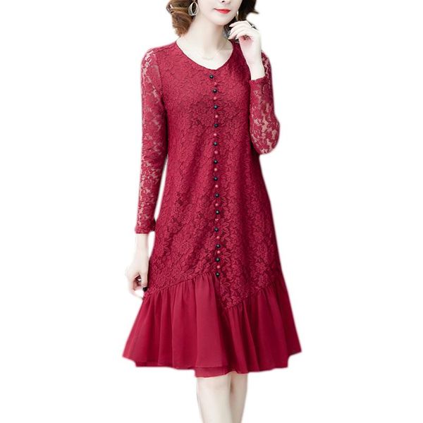 

casual dresses spring dress 2021 large size loose over the knee wild lace stitching long-sleeved round neck hedging fashion vestidos d67, Black;gray