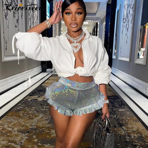 

women's shorts kricesseen silver reflective shiny 2021 women high waist ruffles skinny activewear trousers party clubwear bodycon, White;black