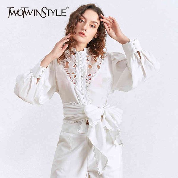 

twotwinstyle hollow out lace blouses female lapel lantern long sleeve lace up bowknot shirts for women fashion clothing 210517, White