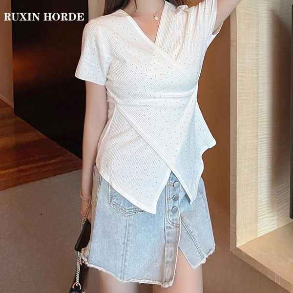 

summer ladies korean style elegant temperament v-neck commuter lotus leaf short-sleeved ice silk sweater waist t-shirt women's, White