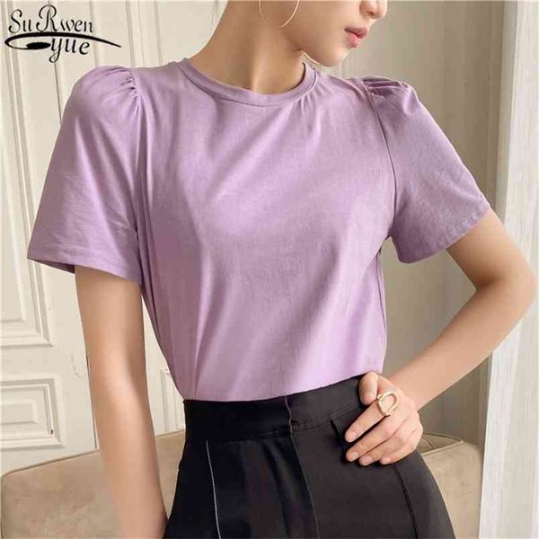 

simple women summer t-shirt solid tee shirts clothes puff short sleeve white purple chic cotton tshirt 10090 210421