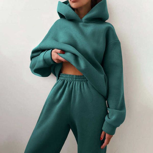 

women's tracksuit casual fleece two piece sets oversized hooded long sleeve female hoodie suit winter sport pants ladies set 210929, White