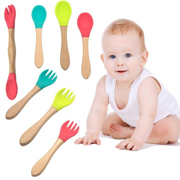 

1pc wooden silicone infant baby spoon fork safety feeding flatware tableware cups, dishes & utensils