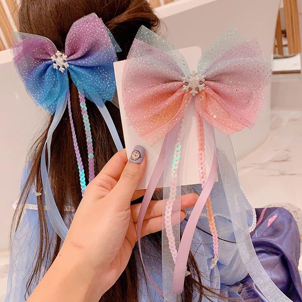 

cute girl bow hairpin sequins lace long ribbon barrehairpin girls fashion headdress hair accessories, Slivery;white