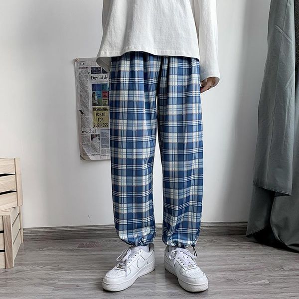 

plus size blue plaid pants man streetwear 2021 hip hop elastic waist casual wide leg straight style jogging men men's, Black