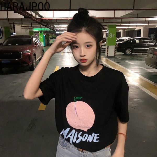 

harajpoo women t-shirts 2021 summer korean ins trendy girls harajuku style cute peach print loose all-match short-sleeved women's t-shi, White