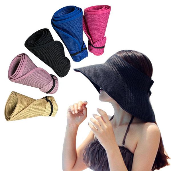 

portable women straw hat colorful wide brim oversized beach takes little space uv protection camping headwear cycling caps & masks, Black