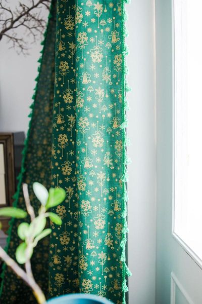 Green Christmas Ventilar Central Algodão Linho Cortinas Borlas para Sala de estar Quarto Janela Drapeamento Cortina Decoração de Casa Drapes