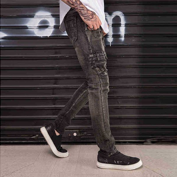 

men's jeans jeans hip-hop motorcycle vintage slim swag biker streetwear men ripped destroyed multiple cotton denim trousers r91c, Blue
