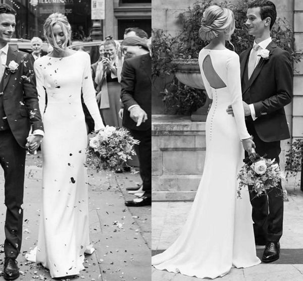 

2021 simple long sleeves wedding dresses bridal gown scoop neck hollow back custom made plus size sweep train covered buttons vestido de nov, White