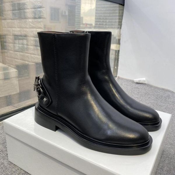 

women's leather boots, round head low heel boots and metal chain, Black