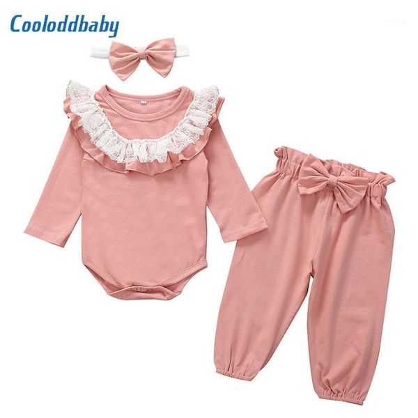 Set di abbigliamento Set di vestiti per bambina rosa carino nato Autunno Inverno Infantile in cotone con volant Top Pantaloni Fascia per capelli Completo