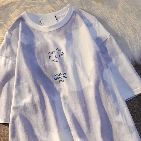 

women's t-shirt womenshort sleeve oversized tie dye letter embroidery hip hop loose korean style match students simple chic sweet punk, White