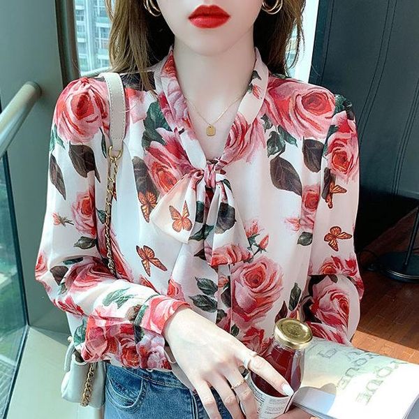 

women's blouses & shirts women 2021 spring fashion floral printed chiffon female bow long sleeve ladies pullover casual q370, White