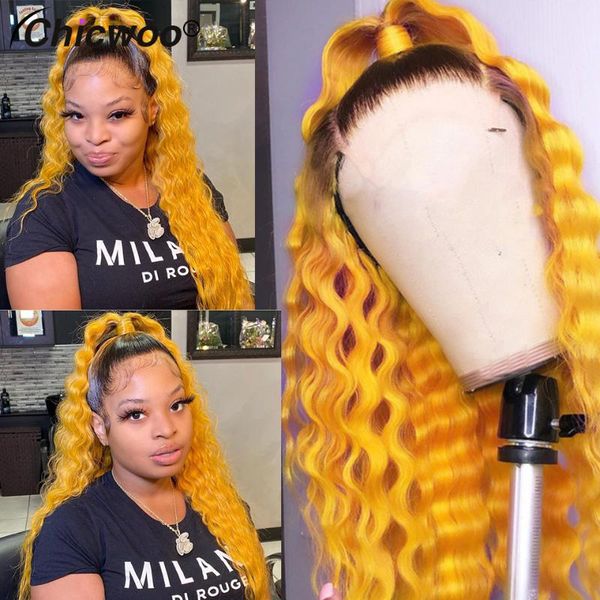 

deep wave orange ombre human hair wigs for women brazilian remy pink colored pre plucked glueless 4x4 closure wig 180% lace, Black;brown