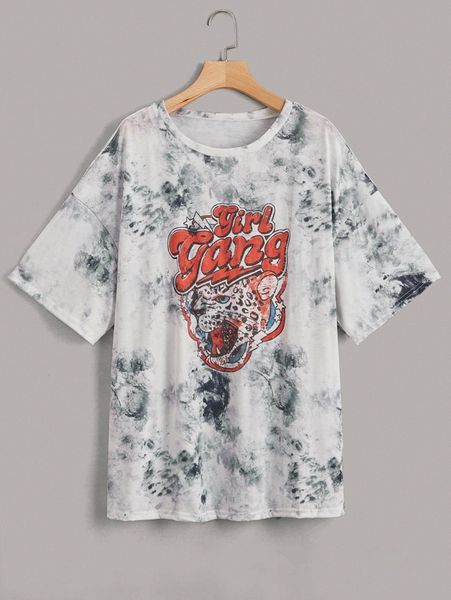 

plus tie dye letter & leopard print drop shoulder tee n216#, Black