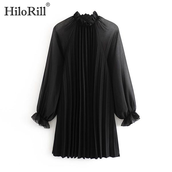 

casual dresses hilorill women black pleated dress butterfly long sleeve mini see through ruffled collar female vestido, Black;gray