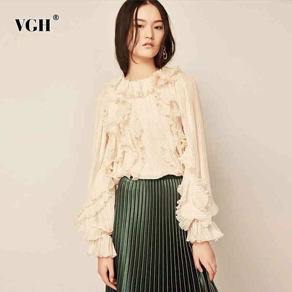 

vgh solid color ruched patchwork ruffle blouse for women o neck long sleeve evening party blouses female spring fashion new 210421, White