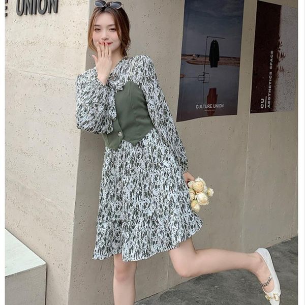

casual dresses 2021 autumn print bow tie long sleeve chiffon dress + vest two piece suit, Black;gray