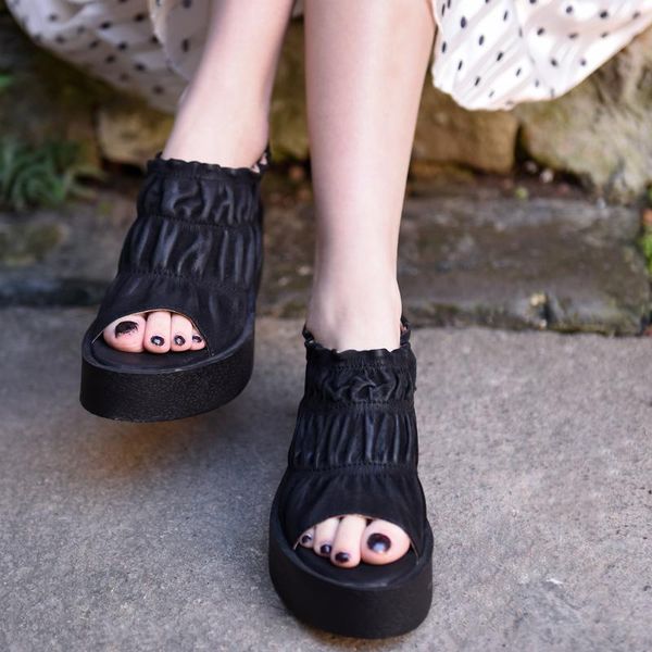 

artmu original wedges sandals women cow leather pleated thick heel flat plarform summer fashion open toe sandalias, Black