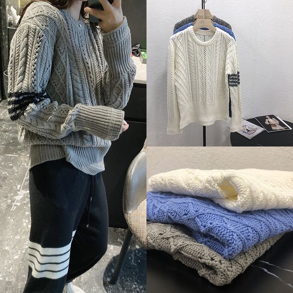 

2021 spring new tb style contrast striped twist crew neck hollowed out rhombic long sleeve casual versatile sweater, White
