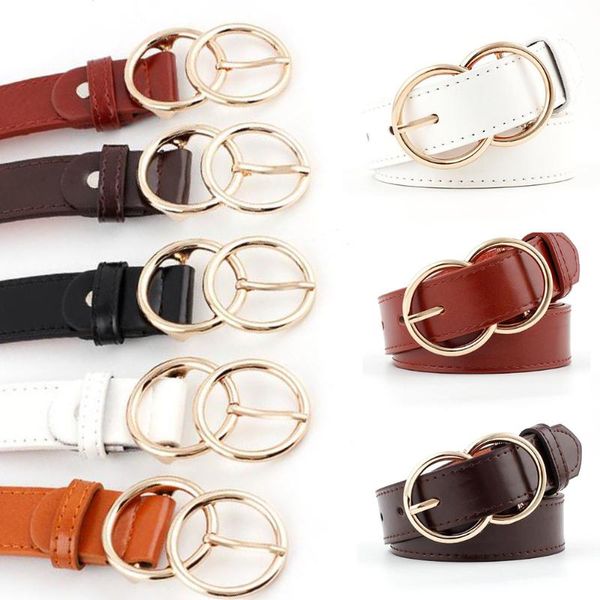 

belts fashion double ring gold buckle jeans skinny thin faux leather straps waistband brown black white dress pants, Black;brown