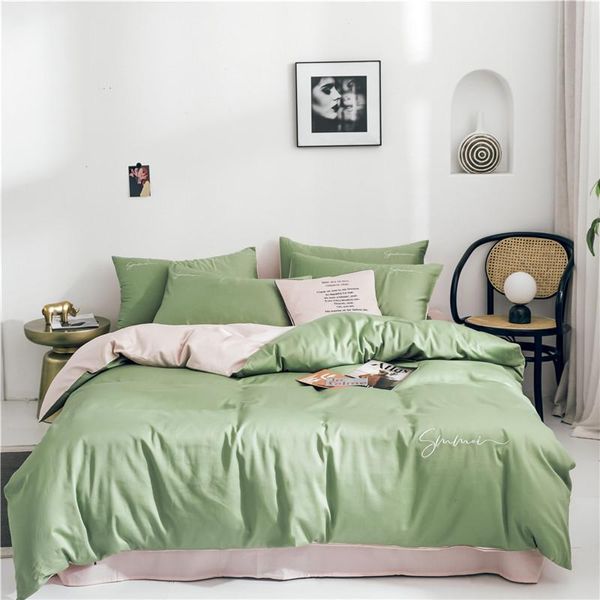 Conjuntos de cama Verde Cinza Branco Amarelo Amarelo Cor Pura 60s Egípcio Bordado De Algodão Set Edredão Capa 4 pcs Folha / Linho Fronhas