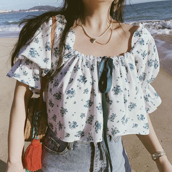 

inspired blue floral ruffled blouse women girl bow tie super chic ladies new summer women bloues beach 210412, White