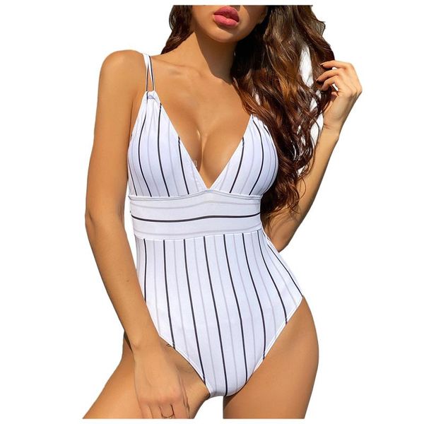 

women's swimwear one--piece sleeveless bikini halter striped swimsuit ins ladies summer beach 2021 fashion, White;black
