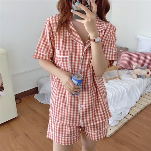 

casual dresses stylish red summer women large size 2021 plaid short sleeves sleepwear all match loose pajamas sets home clothe 5c2t, Black;gray