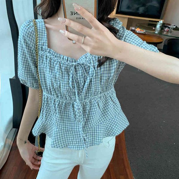 

korean women's shirt chiffon blouses for women short sleeve female grid square neck blouse woman frenulum 210427, White