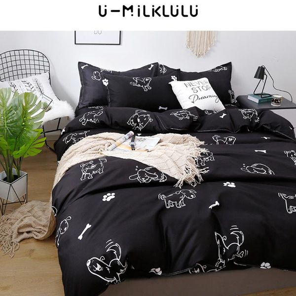 

bedding sets cute dog set black sheet single double  king size elastic duvet cover pillowcases cartoon animal bed comforters