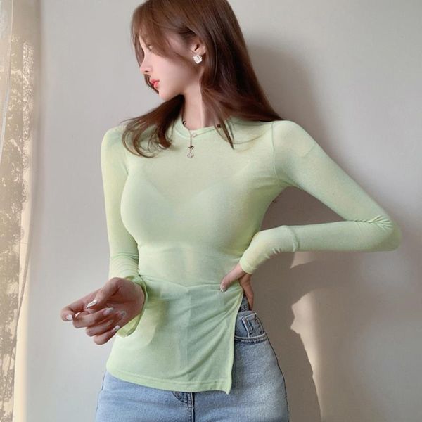 

thin summer petal sleeve split womens t shirts elasticity irregular korean style clothes slim long female, White
