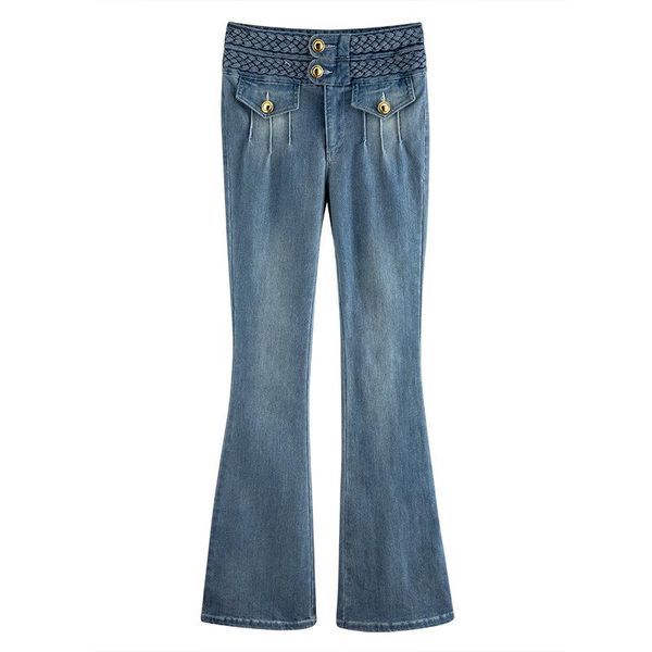 

women's jeans womengaga 2021 high waist slim personality flared twist metal buttons patchwork fashion streetwear a466, Blue