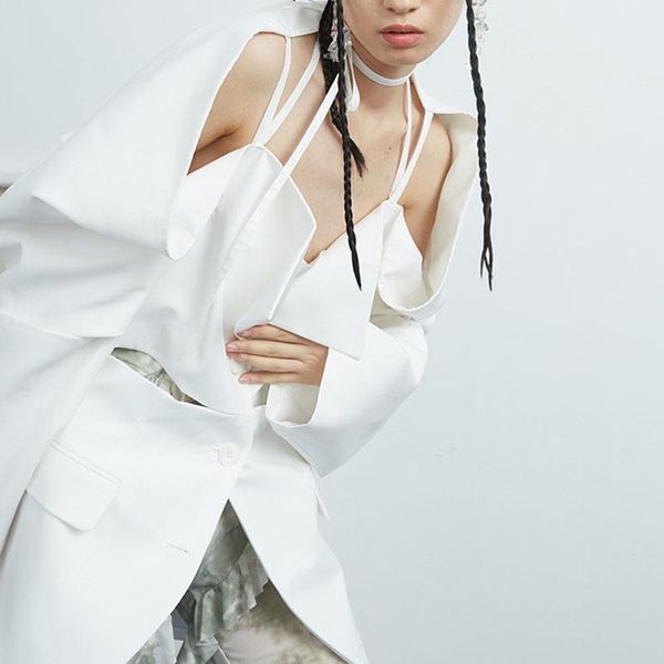 

women's suits & blazers loose white blazer for women notched collar long sleeve hollow out casual female fashion clothing, White;black