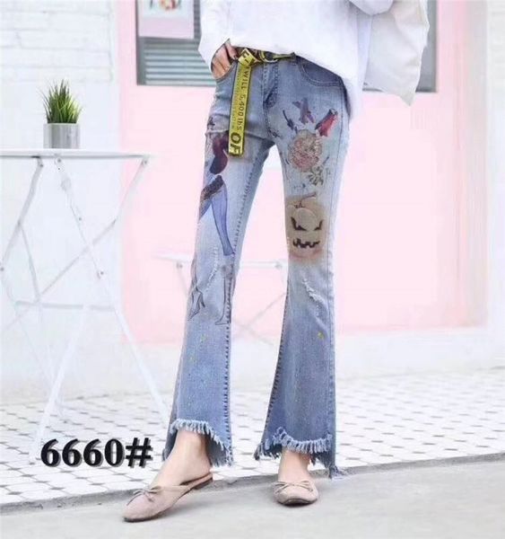 

3d of the elastic cartoons, designer jeans, standard painted flowers, pencils, woman streetwear denim women's brim pants, j032, Blue