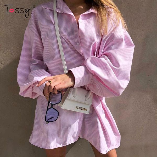 

women's blouses & shirts tossy women casual oversized bodyfriend style outwear summer lantern sleeve long shirt coat pink stripe loose, White