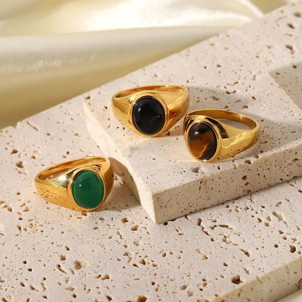 

wedding rings stainless steel metal oval tigereye obsidian engagement ring jewelry retro titanium mens boho, Slivery;golden