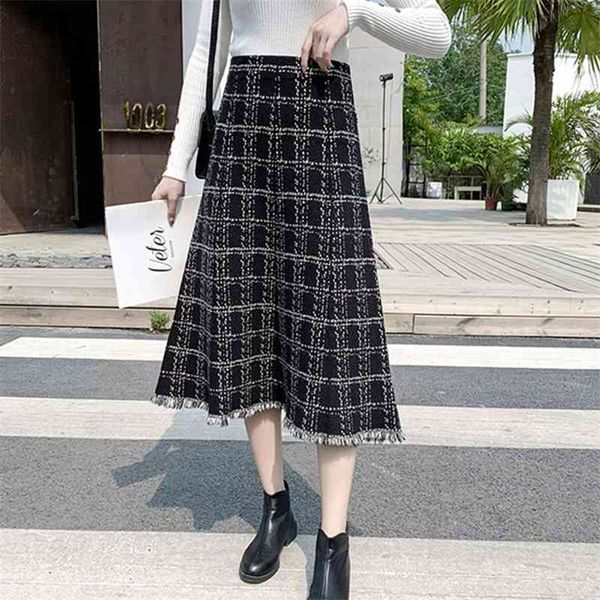 

winter warm knitted women midi tassel skirt high waist thick a line plaid sweater mujer faldas 210520, Black