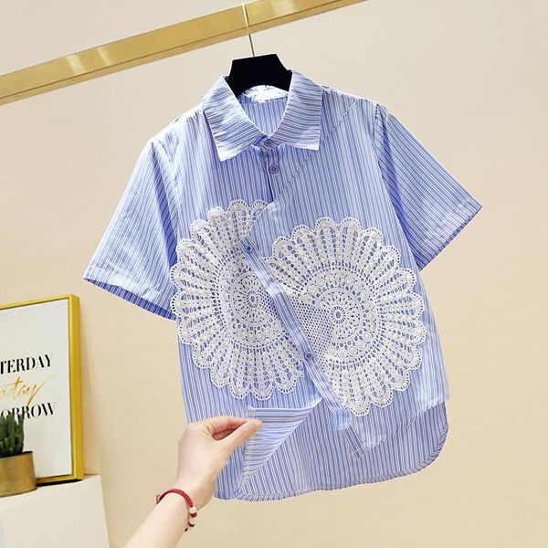 

women's blouses & shirts blue striped blouse for women 2021 summer chest beaded applique irregular hem short sleeve shirt korean, White