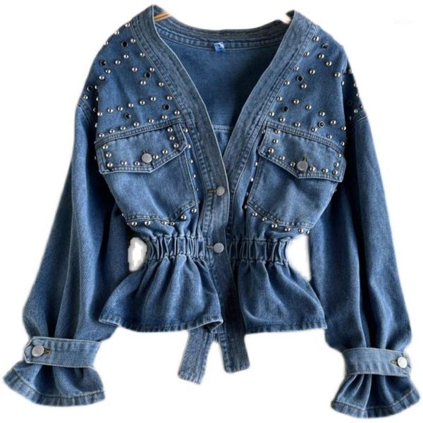 

women's jackets european autumn retro design sense niche v-neck heavy beaded diamond short denim jacket women coats fashion streetwear, Black;brown