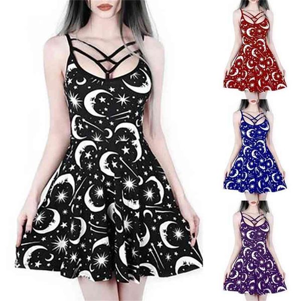 

punk style mini dress for women print spaghetti strap a-line dresses rock and roll casual gothic vestido summer 210331, Black;gray