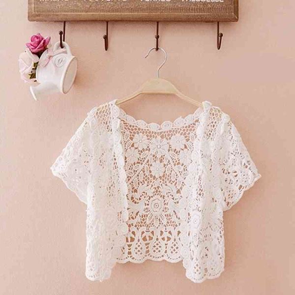 Verão de manga curta de algodão casaco de crochê cadigan blusa camisa branca damasco mulheres tops oco out tassel lace sexy femme 80e 210420