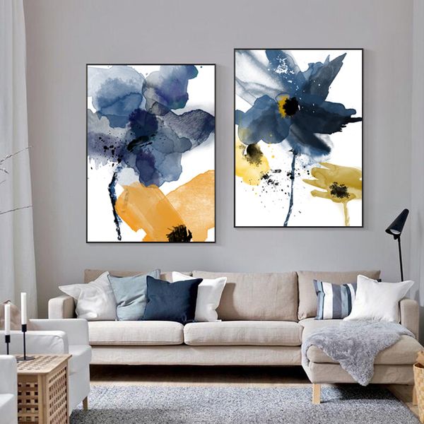 Aguarela Flower Pictures Nordic Pôsteres Pintura de lona Arte de parede para sala de estar moderna decoração de casa azul posters e impressões