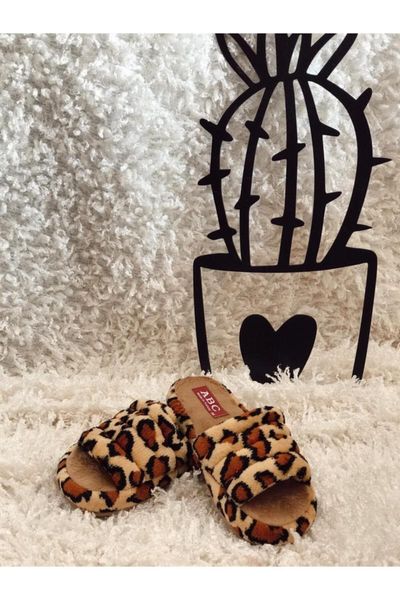 

women's leopard pattern yellow plush home slipper slippers, Black