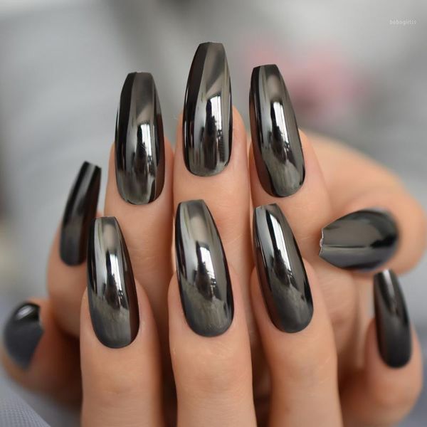 

reflective mirror punk design silver gray metal plating false acrylic nail tips metallic ballerina coffin fake nails1, Red;gold