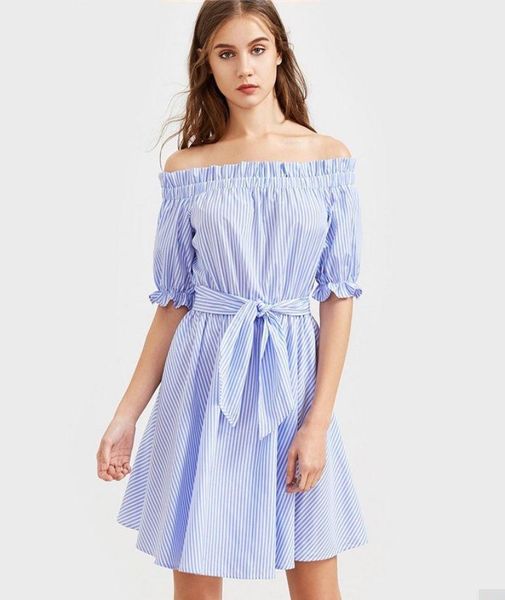 

party dresses women slash neck ruffles striped dress loose off shoulder ladies summer casual office mini vestidos beach, White;black