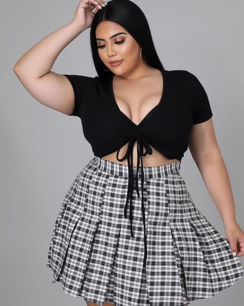 

plus size tracksuits 2021 summer women's clothing fashion drawstring t-shirt plaid pleated skirt two-piece suit, Black