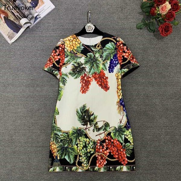 

truevoker summer runway fashion party dresse's short sleeve green grape print crystal diamond lady resort dress 210602, Black;gray